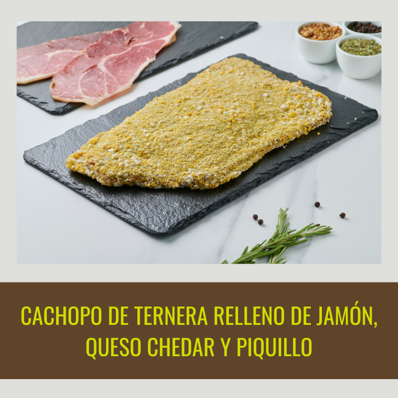 2 Cachopos de ternera rellenos de jamón ib Abrasador, cheddar y piquil