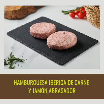 4 🍔 Hamburguesas Ibéricas de carne y Jamón Curado Abrasador (30%) 4 unds. de 200 gr/un. En 2 paquetes.